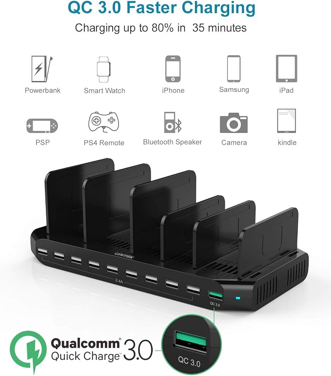 Unitek Fast Charging Station with Quick Charge 3.0, Multi USB Charger Station for Multiple Devices, iPhone, iPad, Tablet, Kindle-Black(UL Certified)