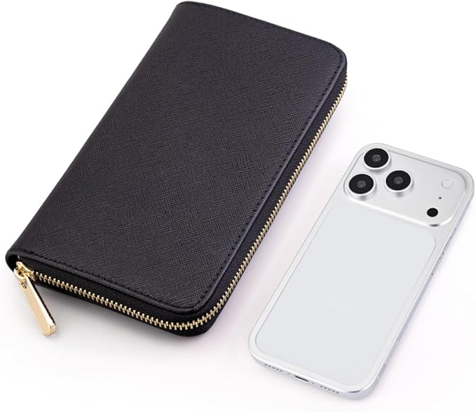 Luxury Real Leather Zip Around Travel Wallet | Large Capicity Card Holder Organizer | Classic Phone Clutch for Men Women (Black - Saffiano Leather)