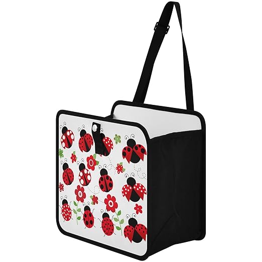 Ladybugs Red Scarab Flower Car Trash Can Foldable Hanging Car Trash Bag Bin Auto Garbage Can Leak-Proof Car Organizer(Large)