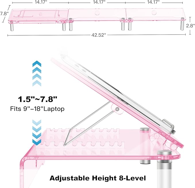 RQUOIRE Ergonomic Pink Acrylic Dual Monitor Stand with Adjustable Laptop Riser, Compatible with Desktop, Printer, TV and More Devices,monitor riser holder suitable for 2 monitors