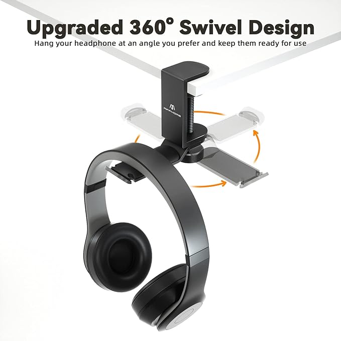 Under Desk Headphone Stand - 360 Degree Rotating Aluminum PC Gaming Headset Holder with Cable Organizer, Adjustable Screw Clamp Hanger for Heavy Headphones, VR Glasses & Bags, Universal Fit
