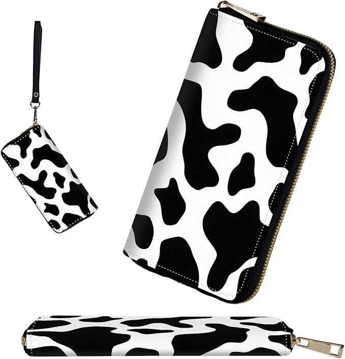 RFID-Blocking Zip Around Wallets for Women with Detachable Wrist Strap,Large Capacity Phone Holder with Card Organizer & Coin Pocket,Cow Print