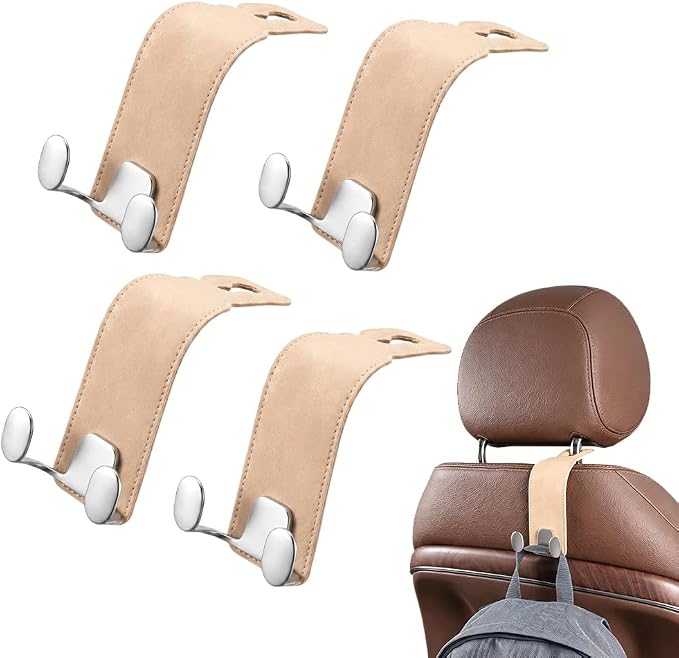 Car Purse Hook, Leather Headrest Hooks for Car, Heavy Duty Car Hooks, Universal Purse Holder for Car Seat, Vehicle Organizer Hanger for Handbag Grocery Bag Backpack Coat (Beige-4sets)