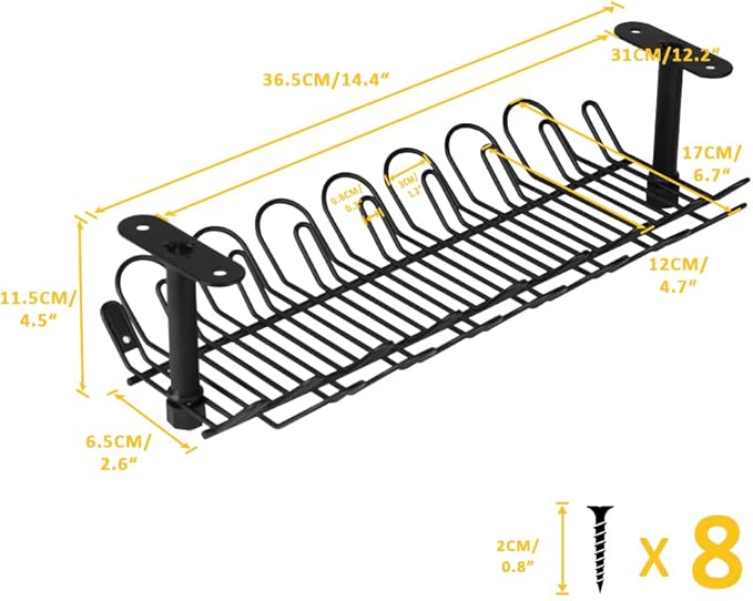 2 Packs Cable Management Tray, 14 inch Under Desk Cable Holder for Wire Management, Heavy Metal Cord Organizer Ideal for Computer Home Office Standing Tables to Hide Power Strips (Black)