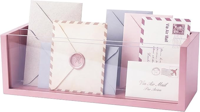 Aesthetic Pink Mail Organizer with Clear Acrylic Dividers - Adjustable Desk & Wall Mount Letter Holder, Modern Paper Sorter for Home Office Decor