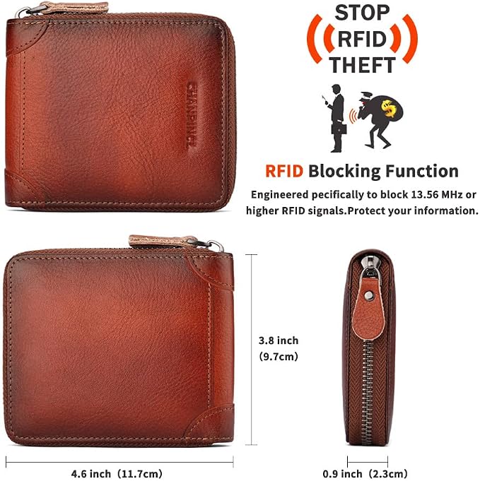 Mens Genuine Leather Zipper Wallet RFID Secure Large Capacity Double Fold Multi-card Leather Wallets for Men and coin purse