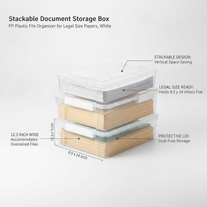 Stackable Document Storage Box with Lid, PP Plastic File Organizer for Legal Size Papers, White Desktop Filing Bin (1 PC)