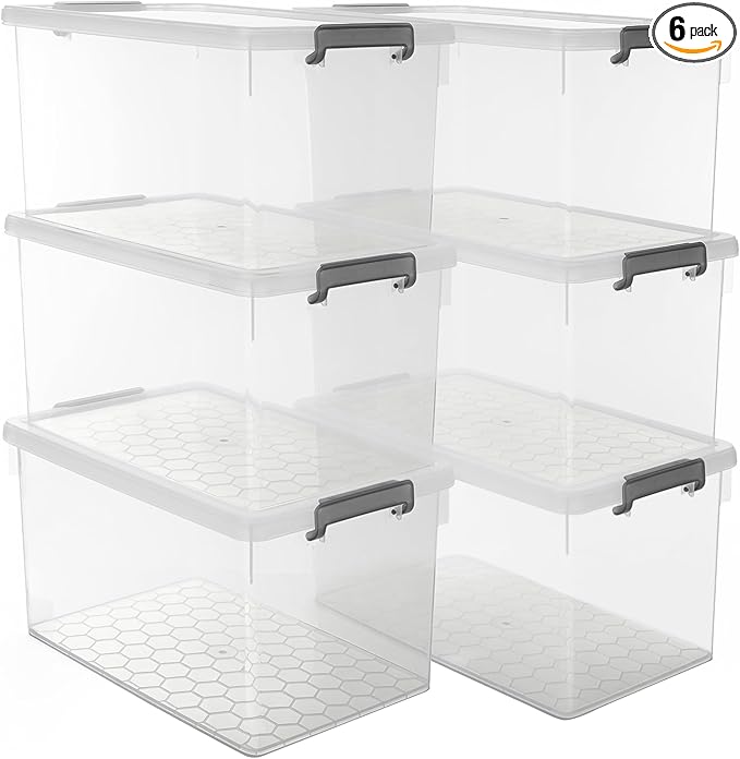 Citylife 48 QT 6 Packs Plastic Storage Bins with Lids and Secure Latching Buckles Clear Stackable Storage Containers for Organizing Durable Storage Box