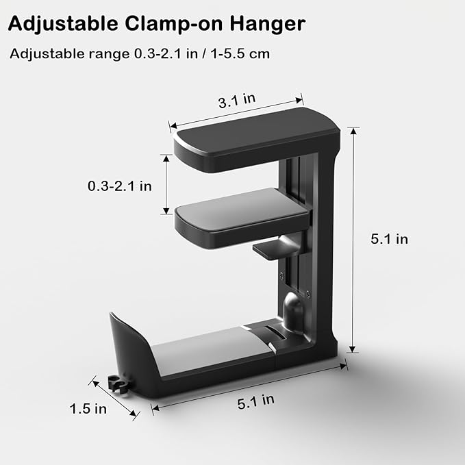 Headphone Hook - Adjustable Clamp-on Headphone Holder, Under Desk Gaming Headset Holder Mount Hook with Rotating Clamp (Black_2 Pack)