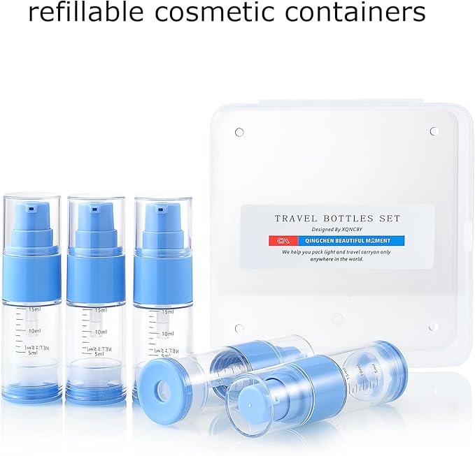 0.5oz/15ml Travel Airless Pump Bottles, 5 Pack Refillable Vacuum Cosmetic Containers with Clear Organizer Case & Labels, Small Lotion Dispenser Bottles for Skincare, Toiletries & Cosmetics