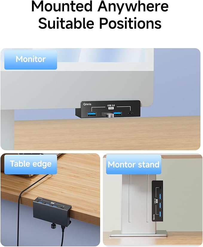 USB Hub 3.0, 5Gbps Clamp USB Hub for Desk/Monitors with Extra Power Supply Port, 3 USB-A Data Ports, USB-C Data Port for iMac Pro/iMac (Black)