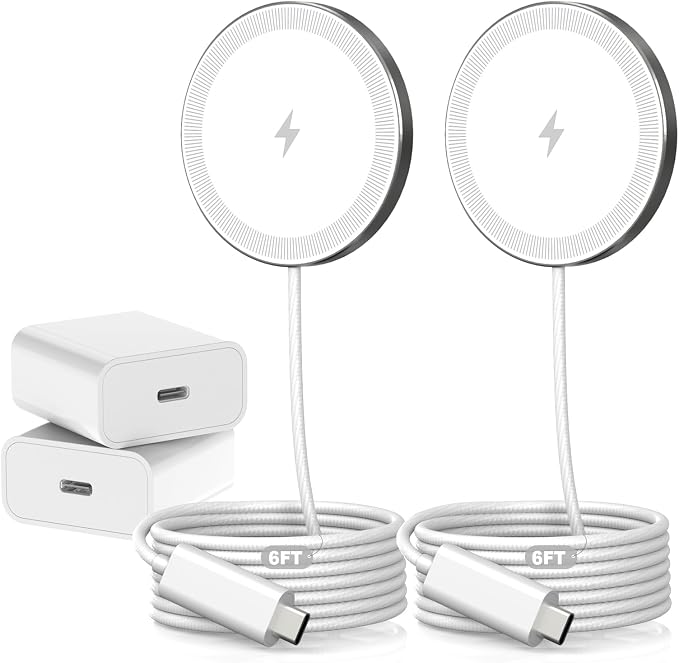 6FT Magnetic Wireless Charger Charging Pad - 15W Fast Phone Charger Puck for Apple iPhone 17 16 15 14 13 12 Series & AirPods 4 3 2 Pro, Phone Charging Pad with Plug for Desk & Travel, 2Pack White