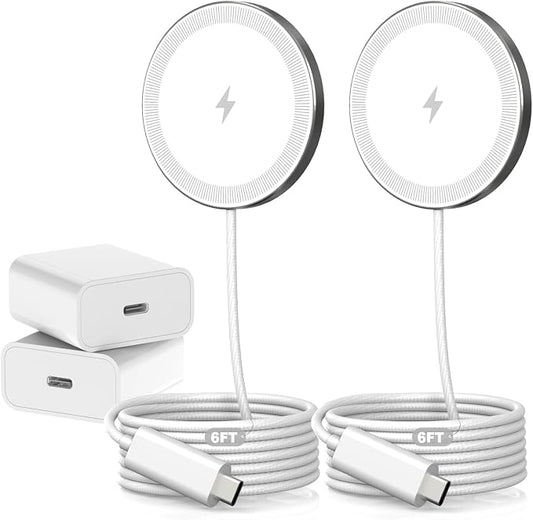6FT Magnetic Wireless Charger Charging Pad - 15W Fast Phone Charger Puck for Apple iPhone 17 16 15 14 13 12 Series & AirPods 4 3 2 Pro, Phone Charging Pad with Plug for Desk & Travel, 2Pack White