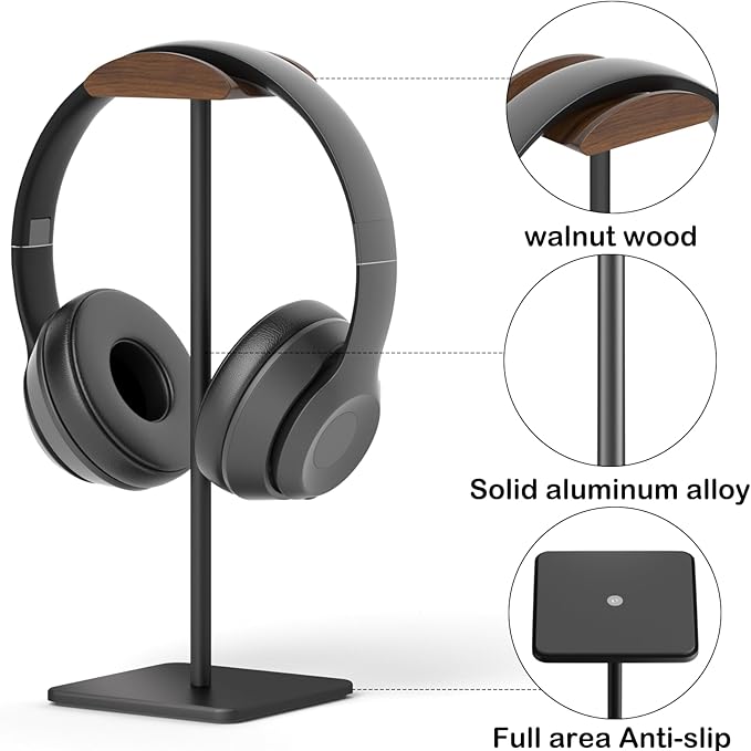 Headphone Stand for Desk - Headset Stand with Aluminum Hanger and Wooden Support, Headphone Holder for AirPods Max, Sony, Bose, Beats and More (Black)