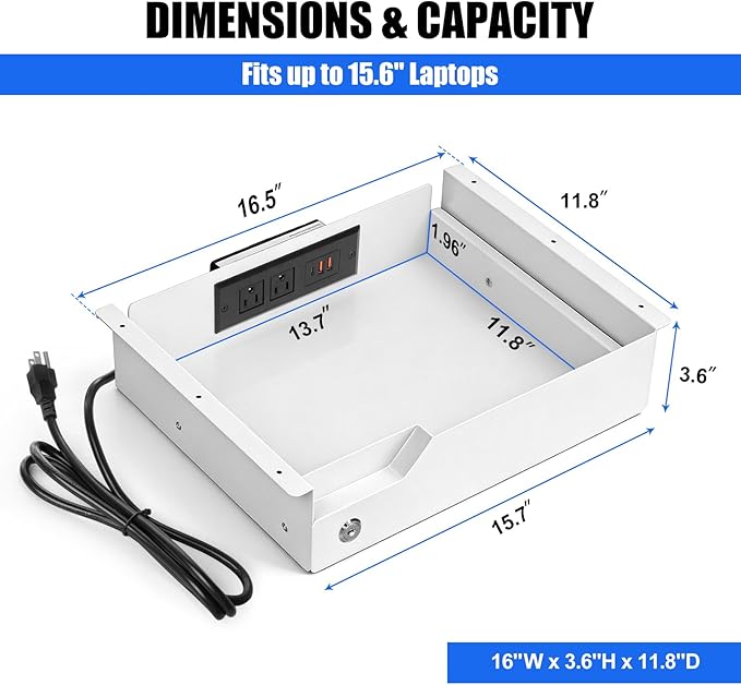 Under Desk Drawer Storage with Lock, Metal Undermount Table Drawer, Ball Bearing Slides Out Tray Organizer for Paper, Pencil, and Laptop,16"x11.8"x3.6", Black With Power Strip