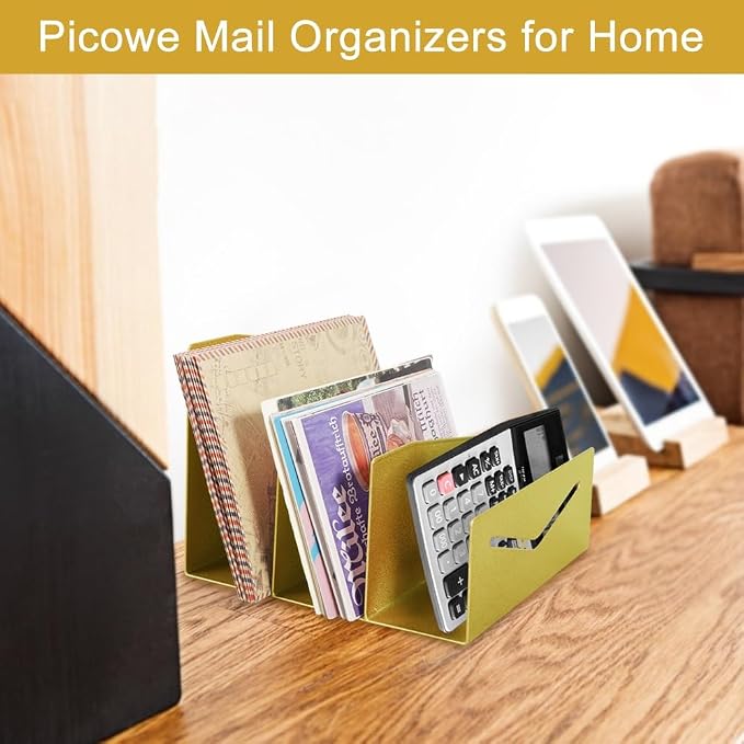 Picowe Metal Desk Mail Organizer Mail Holder, 3 Slots Letter Holder Organizer Envelope Organizer for Home Office (Gold)