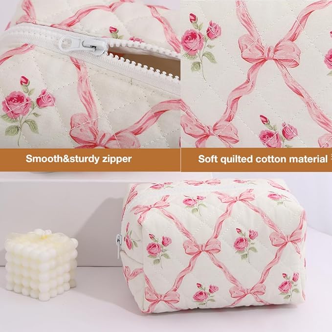 FITINI Makeup Bag Travel Large Portable Quilted Floral Print Cosmetic Organizer Cute Pouch for Women Soft Cotton Zipper Waterproof Toiletry Storage Bags