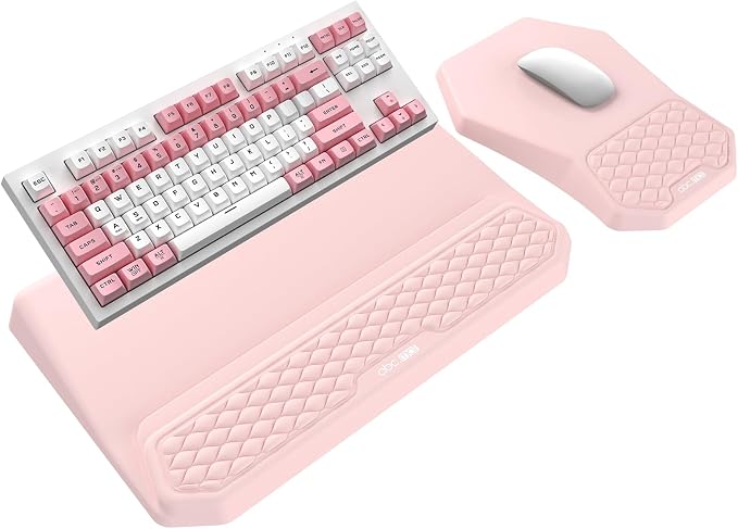 3-in-1 Ergonomic Keyboard Stand with Wrist Rest & Mouse Pad Set, Comfy Keyboard Riser Holder Soft Mousepad with Massage Design, Memory Foam and Non-Slip PU Base for Pain Relief, Pink