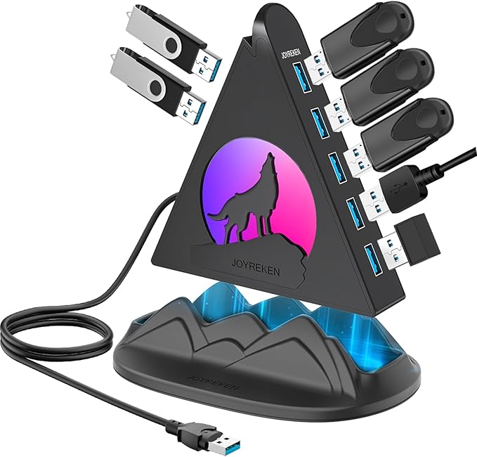 USB Hub 3.0, 7-Port USB Hub with RGB Night Light and Base, Vertical USB a Splitter for Desktop,Laptop, MacBook, Xbox, PS4/5, Game Console, Flash Drive, XPS, PC, Printer, Camera, Keyboard