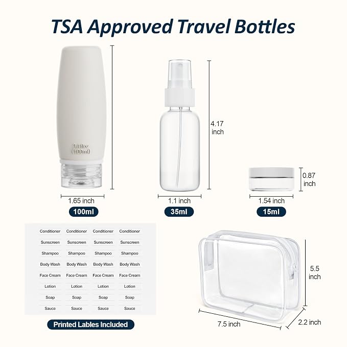 PACKISM 9 Pack TSA Approved Toiletry Bag with Bottles - Leakproof 3.4oz Silicone Travel Container Kit for Toiletries, Clear Quart Size Bag for Shampoo Conditioner Lotion (BPA Free)