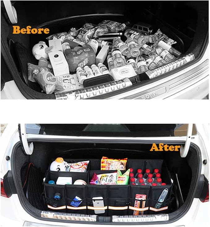 Car Trunk Organizer with Lid, Collapsible Waterproof Multi Compartments Car Storage Organizer with Foldable Cover Reflective Strip for SUV, Truck, Sedan (Large)