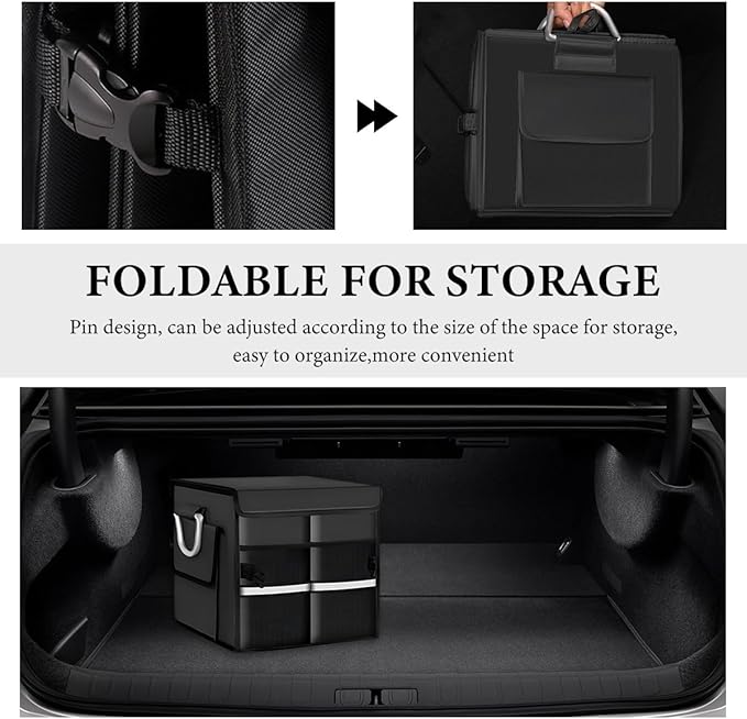 Trunk Organizer with Lid, 28L Collapsible Cargo Organizer with Aluminum Handles & Reflective Strip, Multi-Purpose Waterproof Oxford Storage Box for Cars Trucks SUVs Minivans (Black)