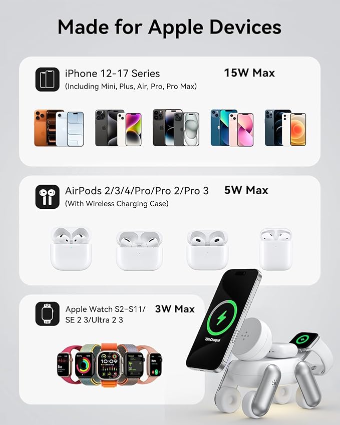 3 in 1 Charging Station for Apple Devices, Magnetic Wireless Fast Charger Stand Compatible with MagSafe for iPhone 17/16/15/14/13/12/Air Series, Apple Watch & Airpods