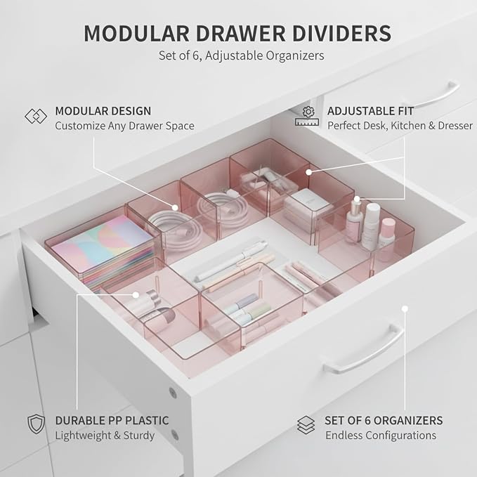 Modular Drawer Dividers Set of 6, Adjustable PP Plastic Organizers for Desk, Kitchen, and Dresser Drawers, 12.6 x 9.4 x 2.4 Inches (Set of 6)