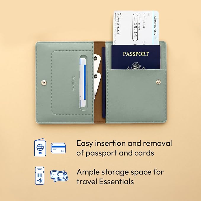 carrotez Family Travel Document Organizer – Premium RFID Blocking Leather Passport Holder & Wallet for 2 Passports, Cards, Boarding Passes & Travel Essentials – Mint Grey