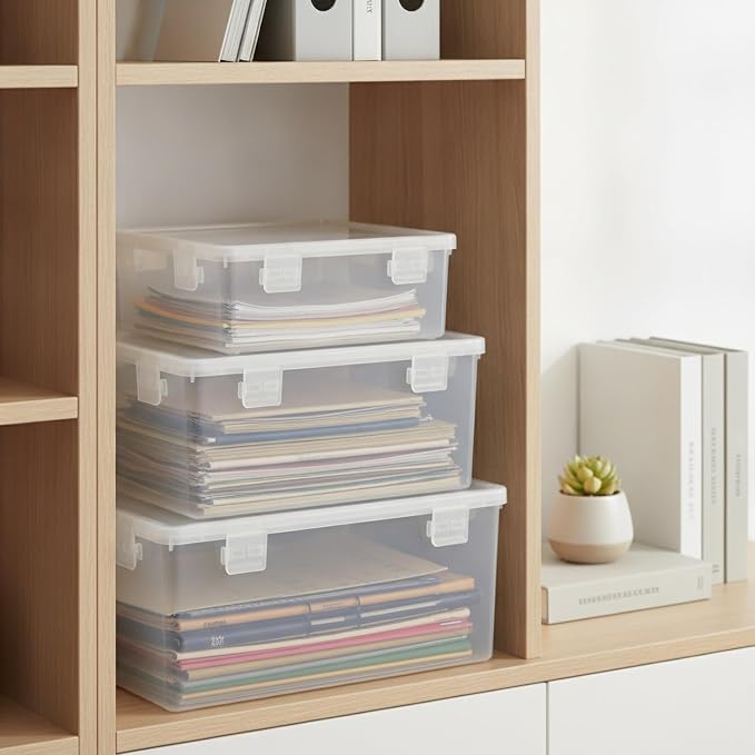 A4 Document Storage Box with Lid, Clear PP Plastic File Organizer for Desk and Drawer, Stackable Paper Container (1 PC)