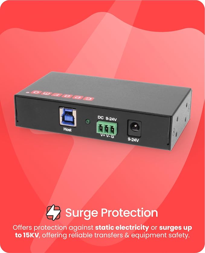 Gearmo 4 Port USB 3.0 Hub w/ESD and Surge Protection, Wall and Desk Mount Ready USB-A Hub, Includes 12V/2A Power Adapter and Terminal Block for Versatile Power Input