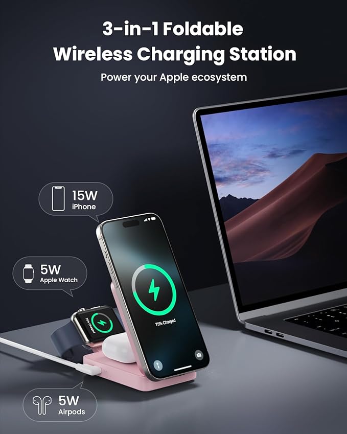 3 in 1 Wireless Charger Charging Station for iPhone,Travel Foldable Magnetic 15W Fast Wireless Charger Stand for Mag-Safe with 30W USB C Adapter for iPhone 17/16/15/14/13/12,Apple Watch,AirPods