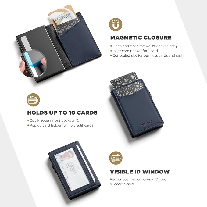 VULKIT Men's Slim Wallets Pop Up Card Holder RFID Blocking Metal Wallet Minimalist Design Holds Up to 11 Cards