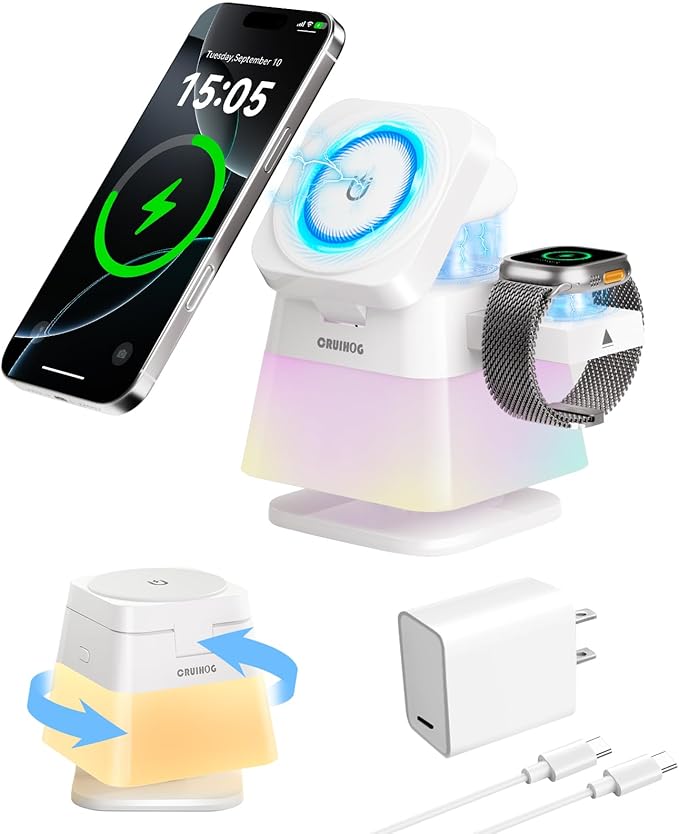 4 in 1 15W Charging Station for Apple, Magnetic Wireless Charger Stand [Colorful Night Light], Rotatable Charger Station for iPhone 17/16/15/14/13, Apple Watch, AirPods(Adapter Included)