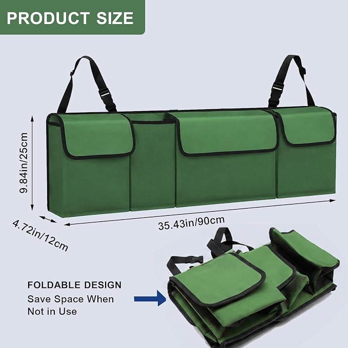 Car Trunk Organizer – Backseat Hanging Large Storage Bag with Adjustable Straps, Waterproof Collapsible Cargo Organizer with 4 Pockets, Space-Saving Trunk Storage for SUV Truck MPV (Green)