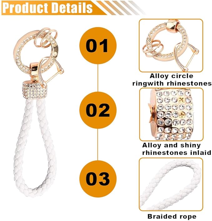 Leather Car Keychain with Bling Rhinestones, Snap Swivel Key Ring, Key Tag Car Key Fob Holder, Key Organizer for Men Women, Anti-Lost D-Ring (White)