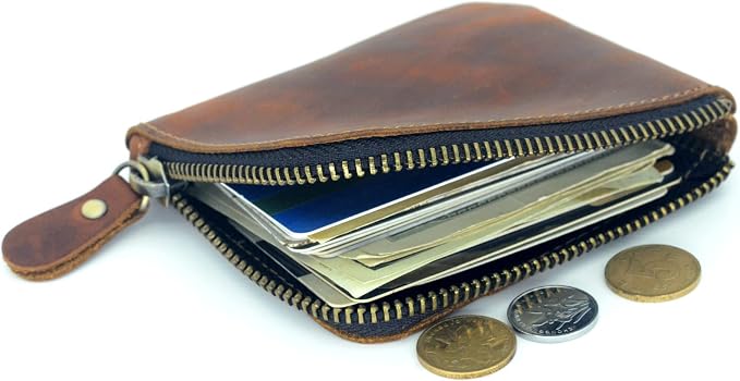 JJNUSA Genuine Leather Zipper Coin Purse Wallet With Key Car Smart Holder, Change Purse, Coin Pouch Holder For Men (Brown)