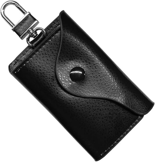 Leather Car Key Case Holder, Remote Key Fob Case with Keychain & Snap Closure – Universal Smart Keys Pouch for Men Women, Coin Holder Protection Bag with Metal Hook (Black)
