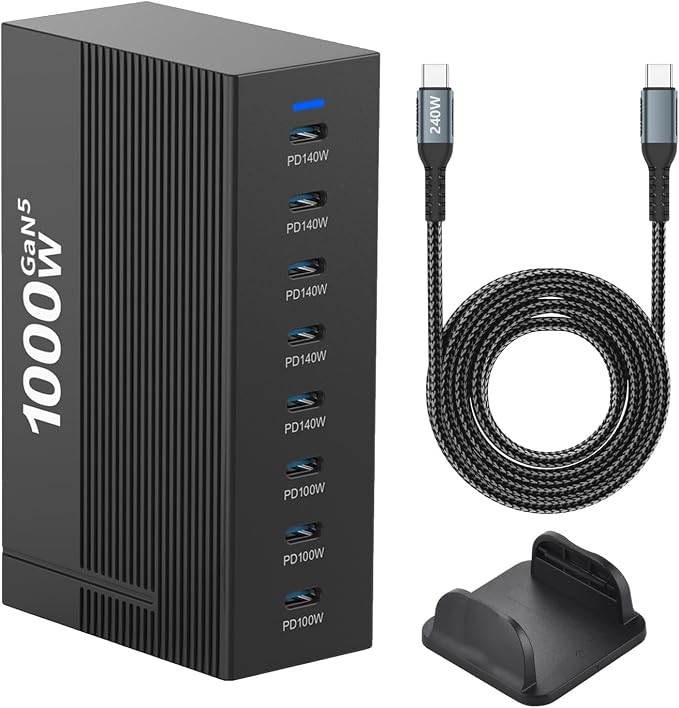 1000W 8-Port GaN5 Desktop Charging Station, High-Power USB Charging Hub with 5X 140W and 3X 100W PD Ports, Fast Charger for Laptops, Tablets, and Smartphones