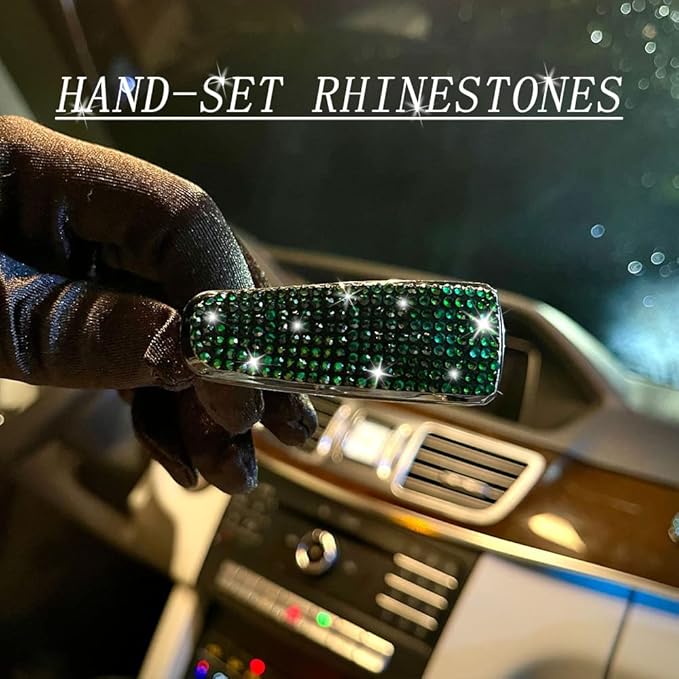 Turcee Set of 2 Bling Rhinestone Car Sun Visor Glasses Holders with Anti-Scratch Sponge,Car Decoration for Women Girls,Ticket Card Clip Visor Organizer (Green)