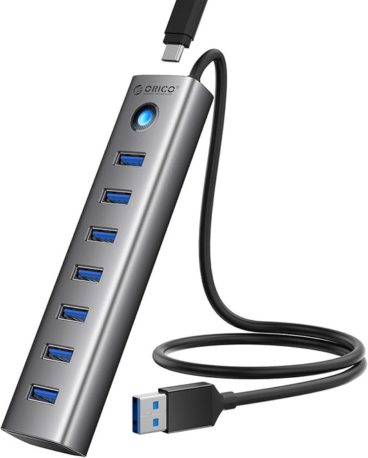 ORICO 7-Port USB 3.0 Hub, Aluminum USB Multiple Adapter, 5Gbps USB Extender USB Splitter with 1.64Ft Cable, UBS-A Hub Long Cable for Desktop, PC, Flash Drive, Mobile HDD, Windows/XPS
