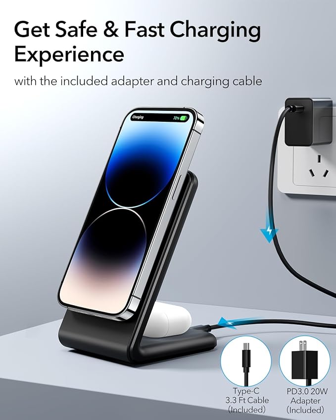 2-in-1 for Magsafe-Compatible Charger Stand with PD 20W USB-C Charger Block & Cable, Fast Charging Wireless Charger Designed for iPhone 17 Pro Max/16/15/14/13/12, AirPods 4/3/Pro 3/Pro 2/Pro, Black