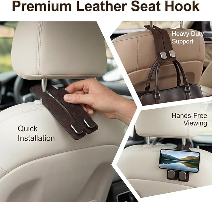Zinc Alloy Car Headrest Hooks for Purses and Bags, 2 Pack Heavy Duty Dual Purse Holder for Car Seat Back, Metal Car Hooks Hanger Storage Organizer for Handbags, Coats, Umbrellas