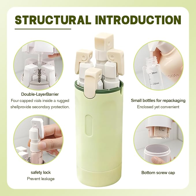 4 in 1 Travel Dispenser, 4 Pack 30ML Travel Bottles with Measurement Scale & Label Stickers for Toiletries, Leak Proof Dispenser Bottle Containers for Shampoo Lotion Conditioner Cream (Green+White)