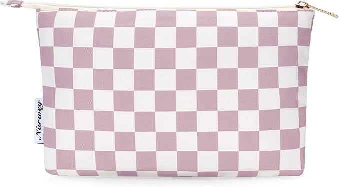 Narwey Small Checkered Makeup Bag for Purse Small Cosmetic Bag Women Travel Makeup Pouch Zipper Pouch (Dusty Rose Checkerboard)