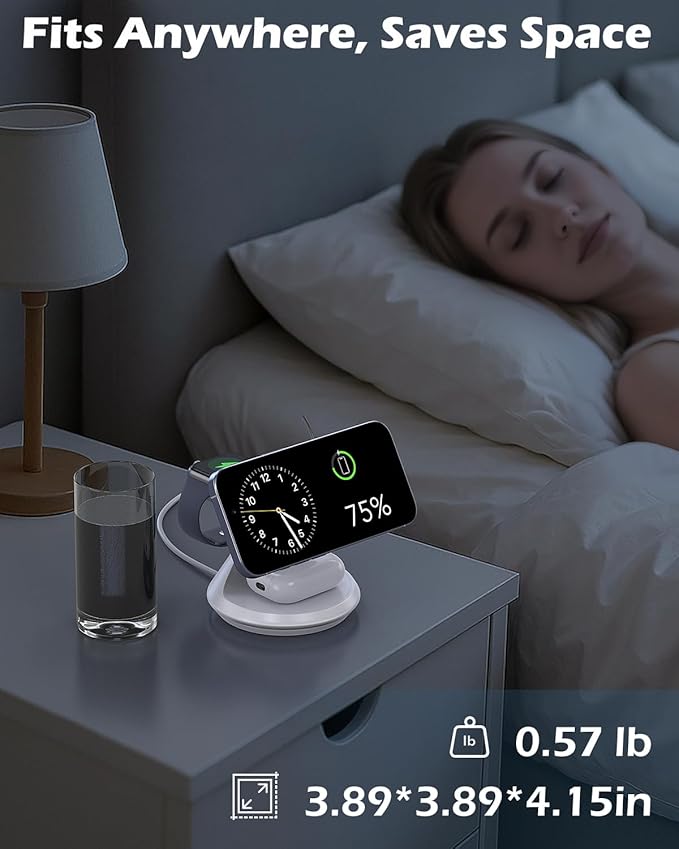 3 in 1 Charging Station for Apple MagSafe Charger Compat, 15W Magnetic Wireless Charger Stand, 360° Rotating Dock, Wireless Charging Station for iPhone 17 16 15 14 13 12 Series for iWatch for AirPods