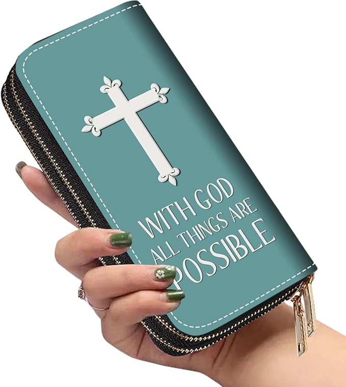 Women's Large Capacity Wallet PU Leather Double Zipper Clutch Purse Multifunctional Wallet with Removable Wristlet Strap for Phone/Coin/Card/Cash, Christian Cross with God All Things are Possible