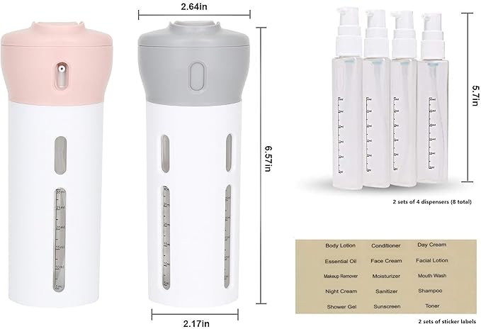 Travigo 4-in-1 Travel Dispenser Bottle Set, TSA Approved, Leak Proof, Reusable 1.4 oz. (40 mL) Toiletry Containers for Shampoo, Conditioner, Soap, Lotion, Skincare (2 Pack, Pink & Gray)