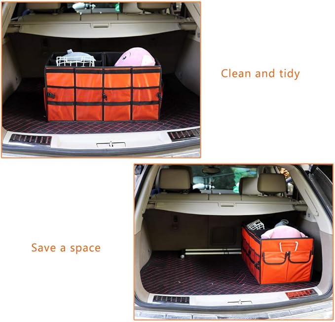 Car Trunk Organizer Collapsible Portable Multi Compartments Organizer with Non Slip Straps for SUV Truck Auto Vehicle Car Auto Minivan (Large without cover, Orange)