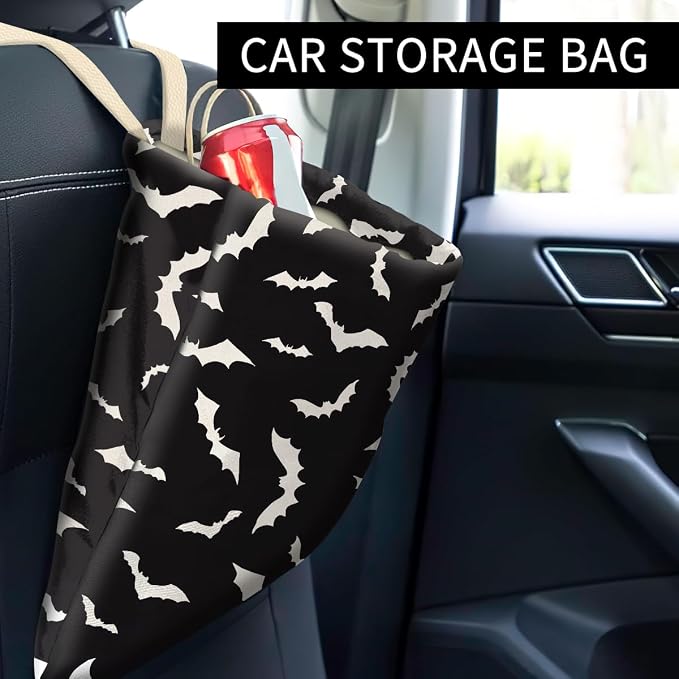 Car Trash Can, Cute Car Trash Bag, Hanging Car Organizer and Storage Bag, Trash Bin for Car Accessories, Vehicle, Travelling, Camping Halloween Bats Pattern